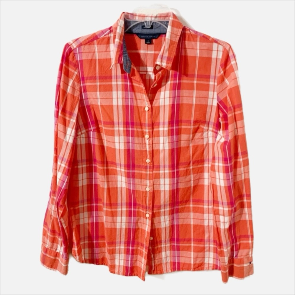 Tommy Hilfiger Classic Fit Button Front Madras Plaid Shirt Pointed Collar 🟧💕⬜️